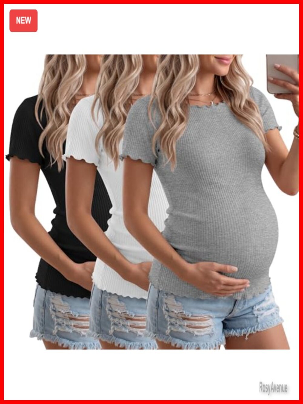 3 Pack Maternity Ribbed Shirts Cotton Spandex Boat Neck Short Sleeve Tees
